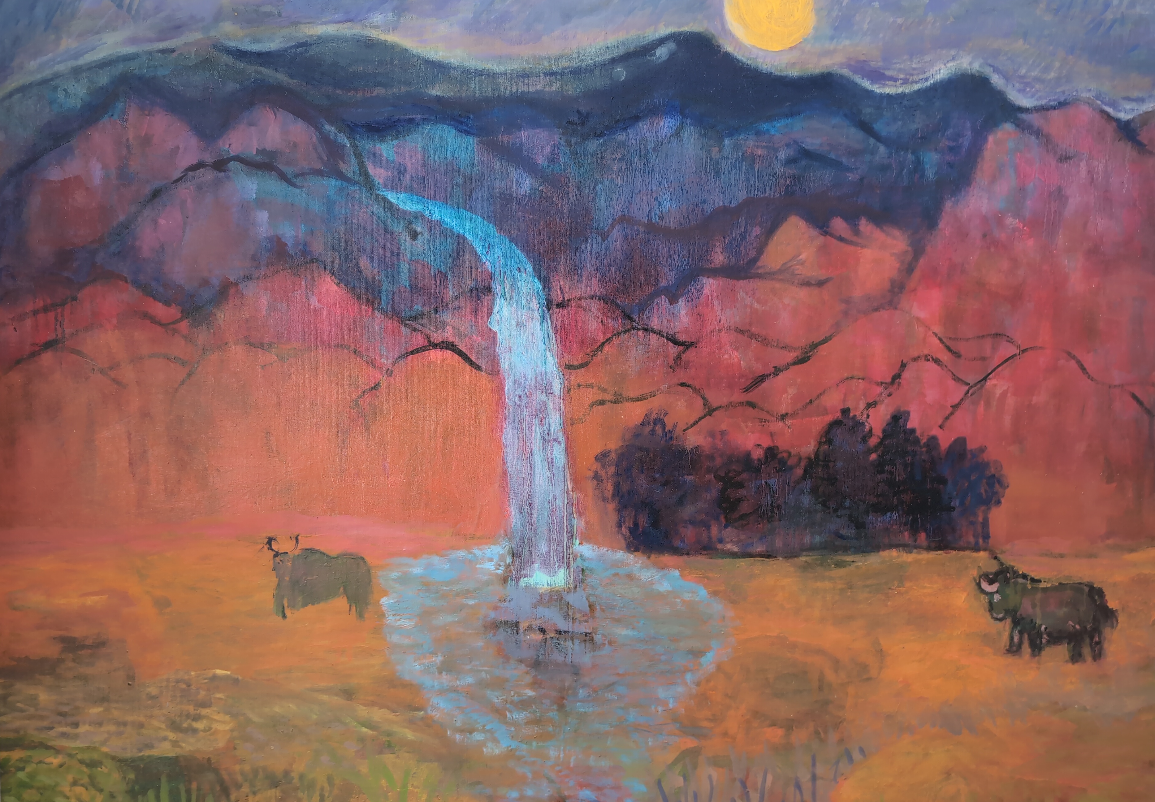 Waterfall, moon, and two beasts — oil on canvas.